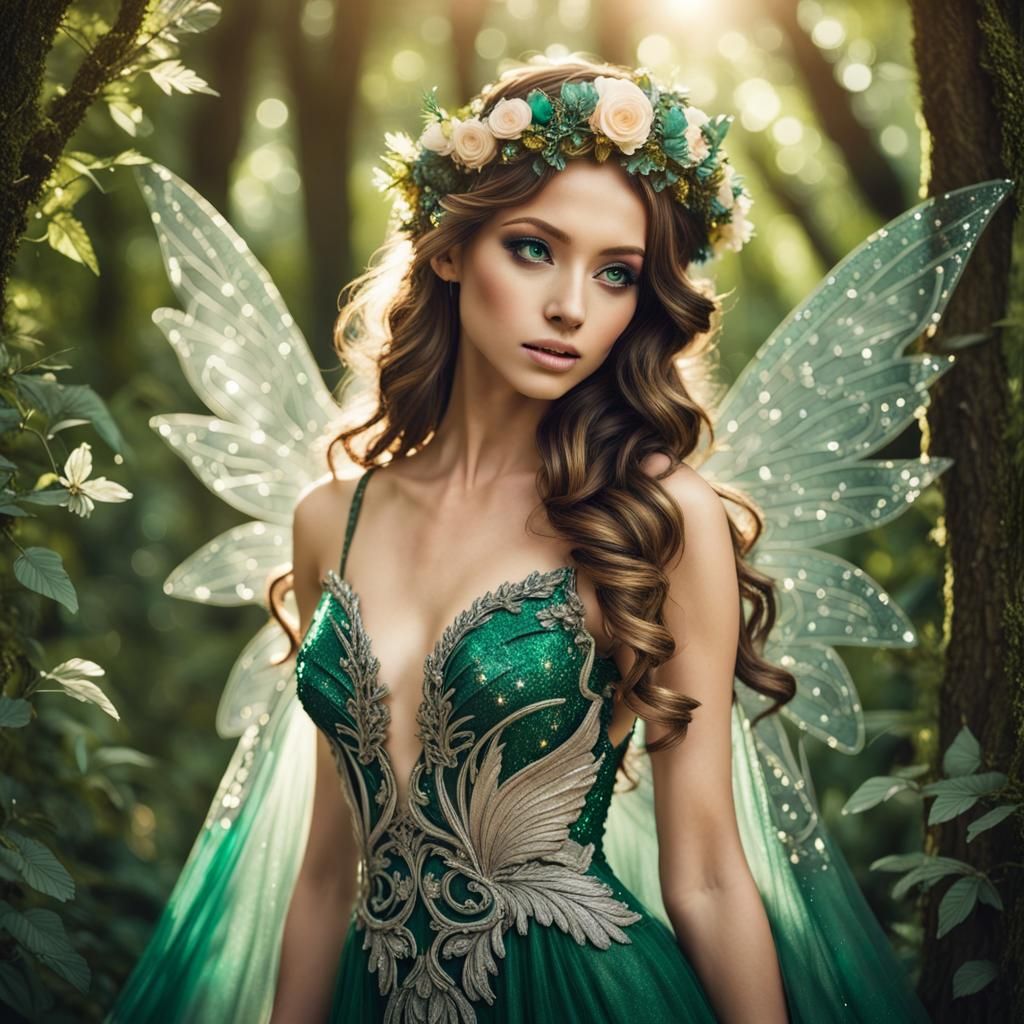 Emerald Fairy with Glittery Wings in Forest