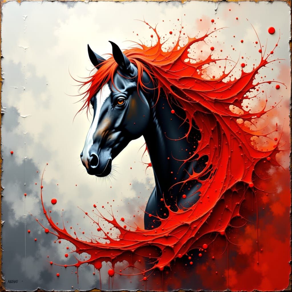 Majestic Horse in Flame-Like Colors, Impasto Oil Painting