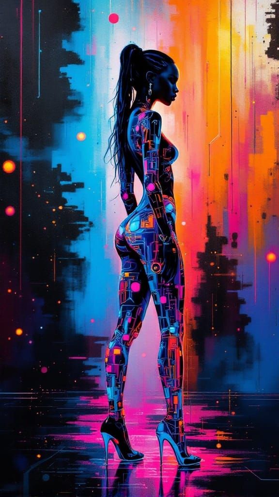 Baroque Cyberpunk Goddess in Luminous Stained-Glass Armor