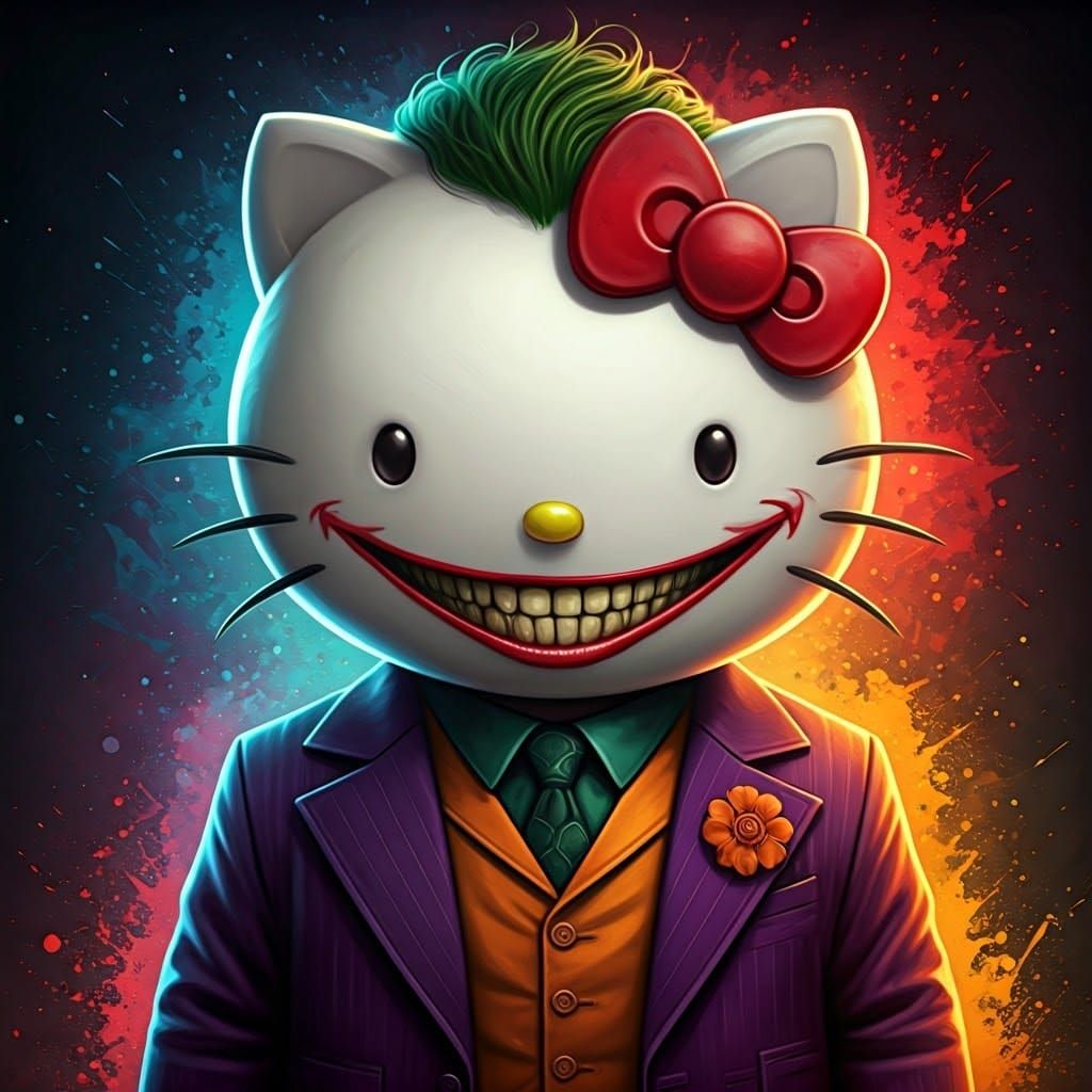 Hello Kitty as the Joker in Hyperrealistic Style