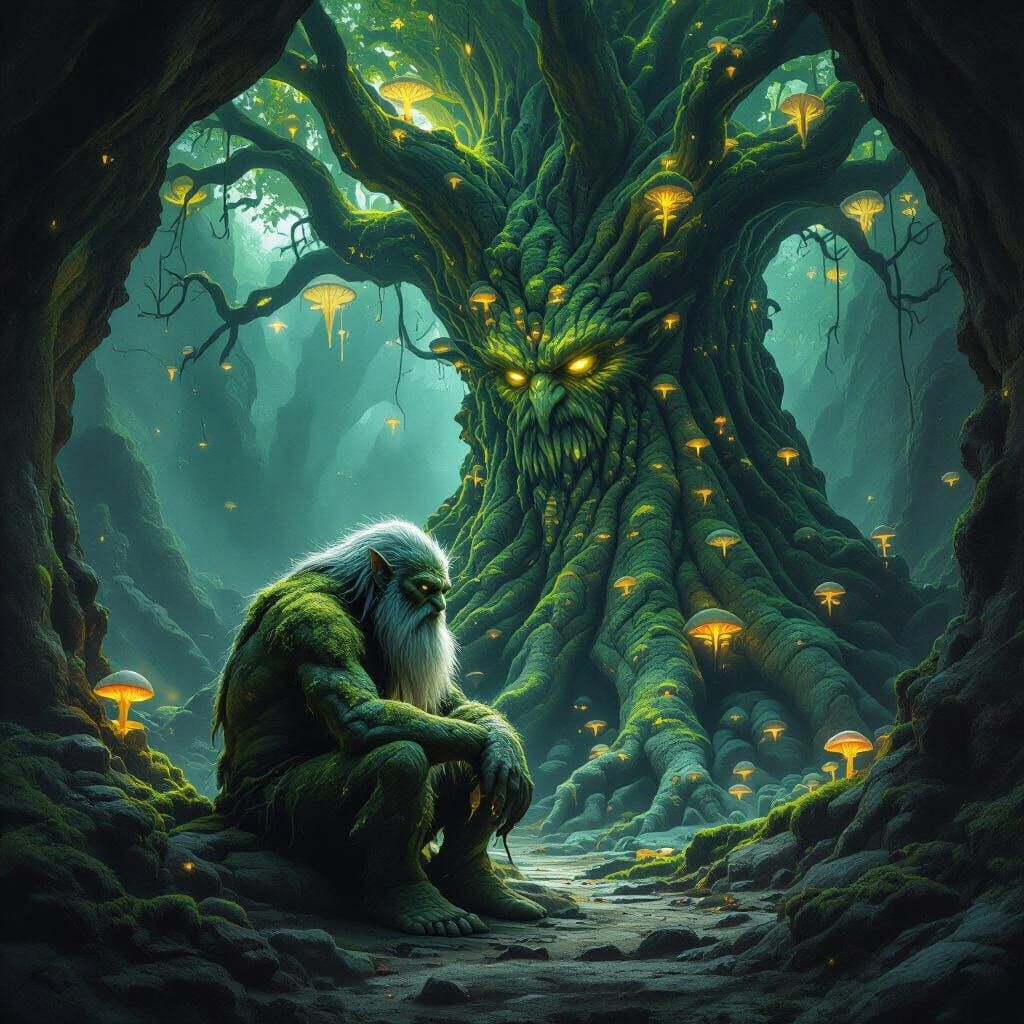 A lone, ancient troll, weathered and wise, sits contemplativ...