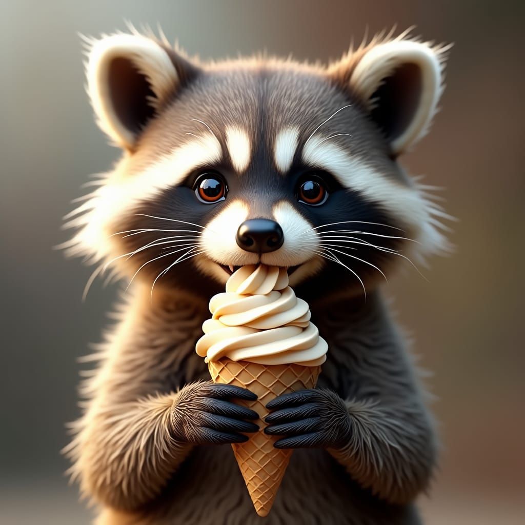 Raccoon's Delight: A Lifelike Ice Cream Moment