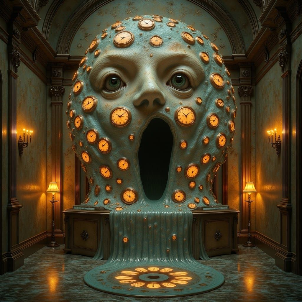 Surreal Melting Clocks in Dreamlike Landscape