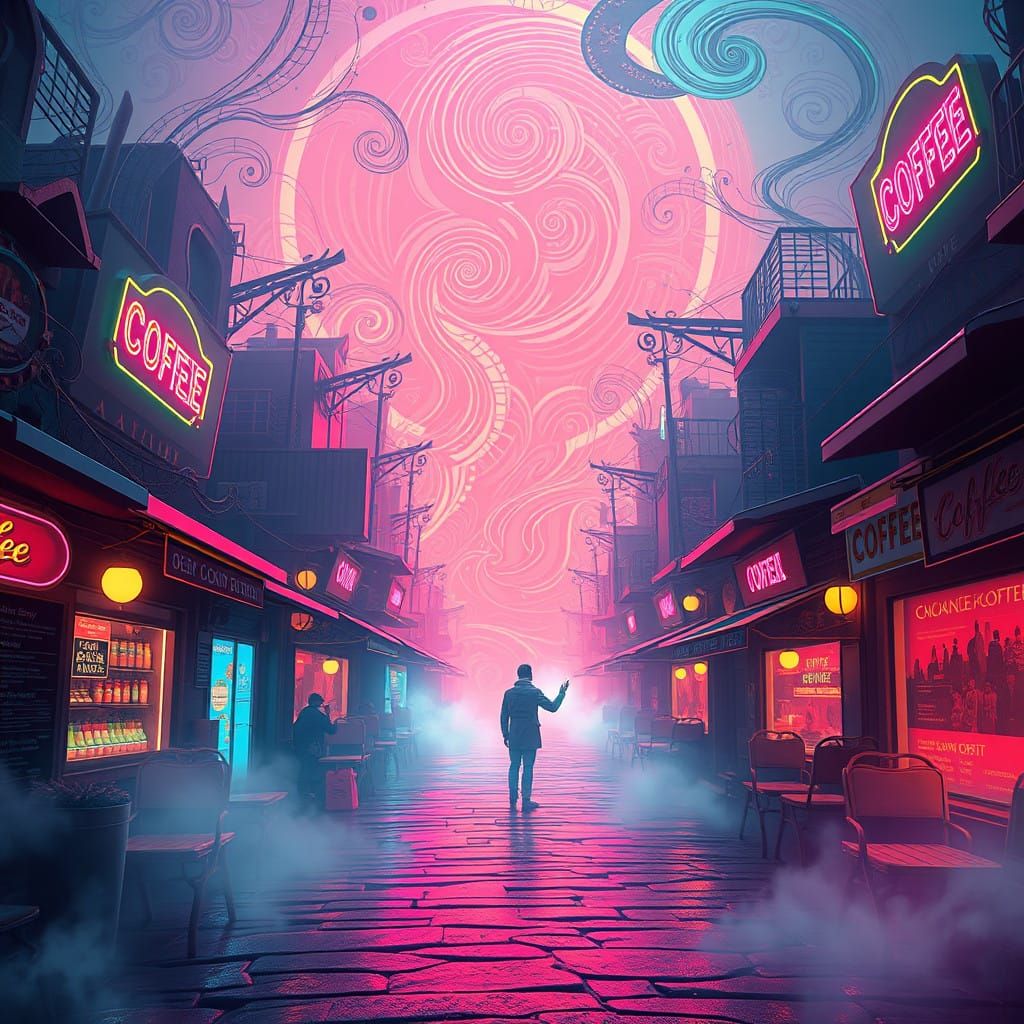 Ethereal Coffee Street Dreamscape in Vibrant Neon Hues