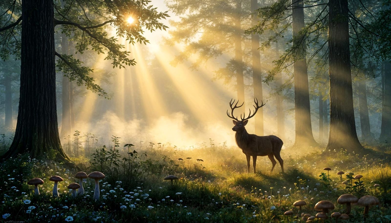 Sunbeams on Misty Clearing with Stag: Oil Painting