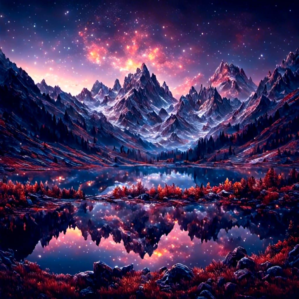Snowy Mountains Under Cosmic Sky in Hyperrealism