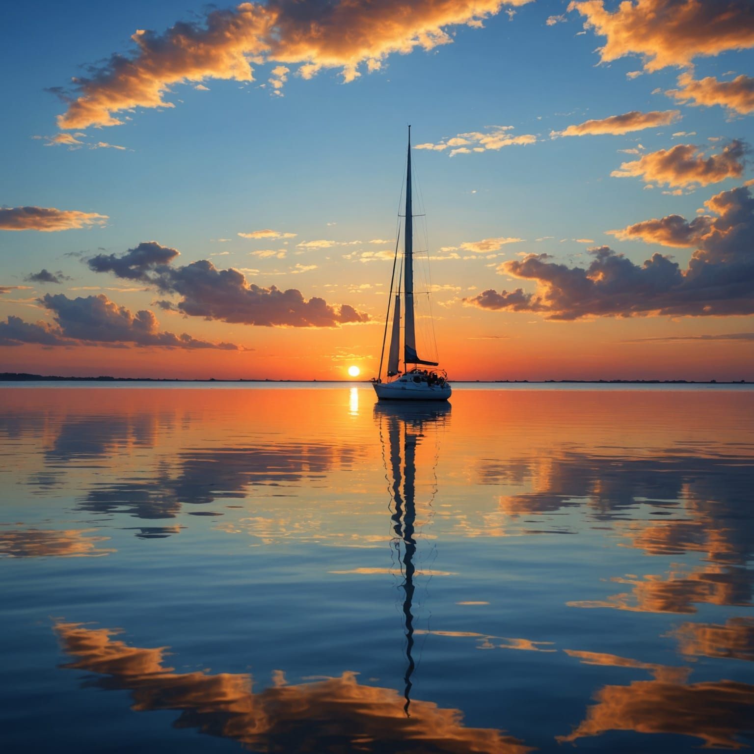 Sunset Sailboat with Leaping Dolphin in Hyperrealism