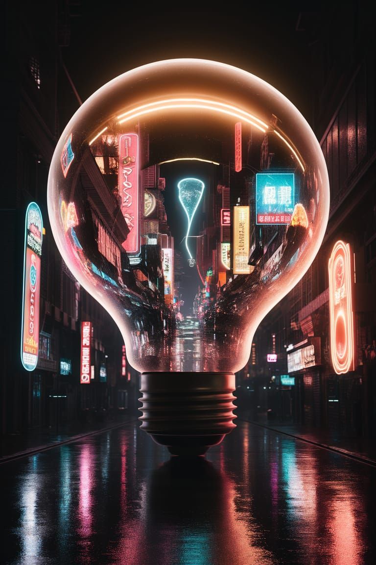Futuristic Cityscape Inside Lightbulb with Neon Lights