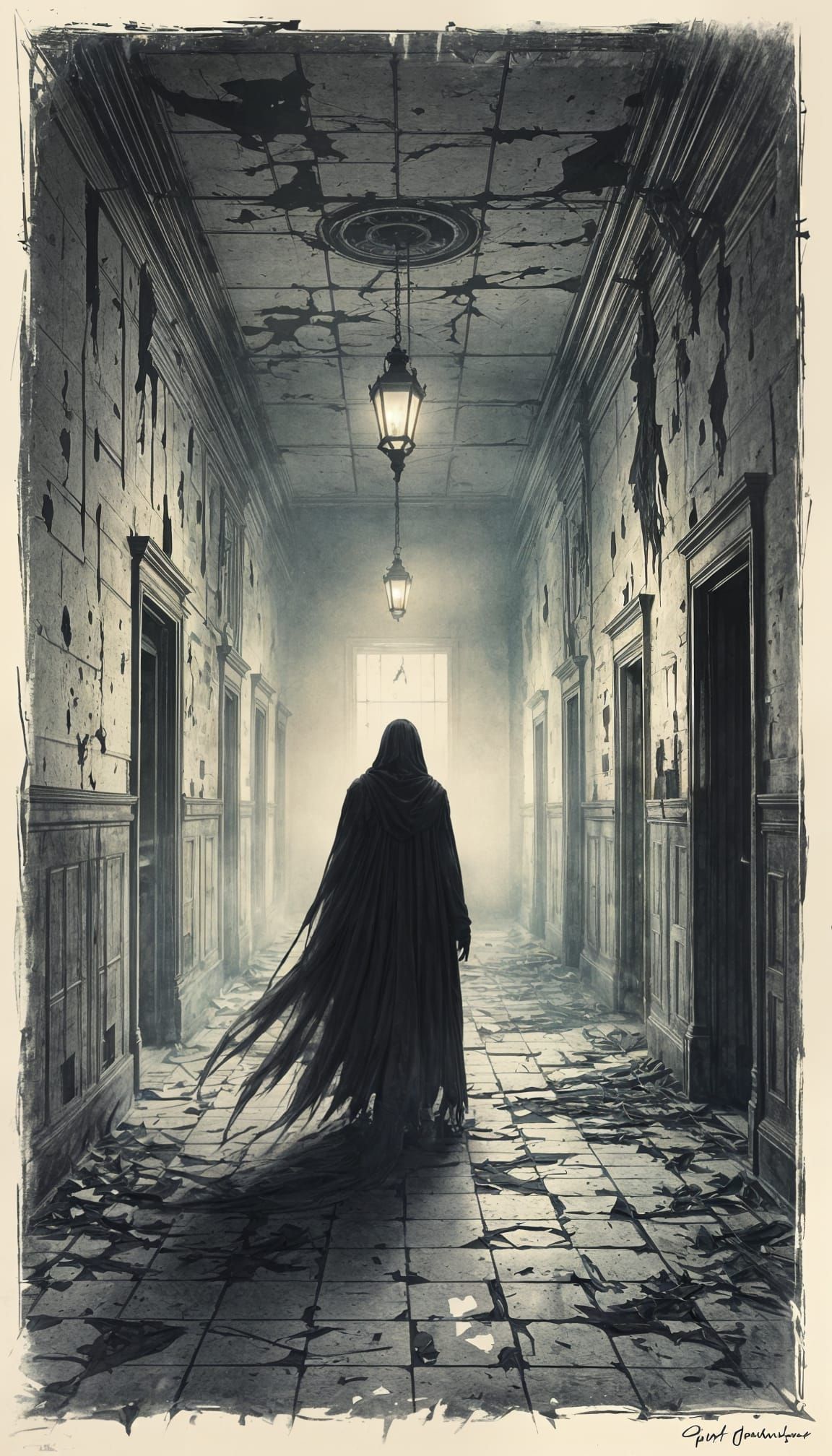 Dark Figure in Abandoned Asylum: A Surreal Horror Scene
