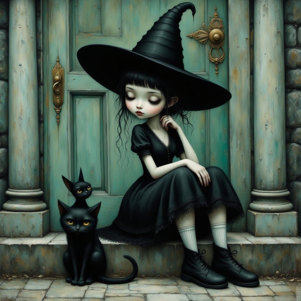 Melancholic Witch with Black Cat in Loish Style
