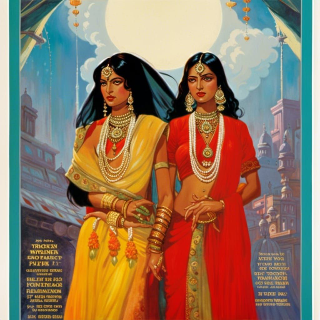 16k resolution, vintage Indian lesbian marriage pulp fiction cover, in style of Luis Royo, Victo Ngai, Alberto Seveso, t...