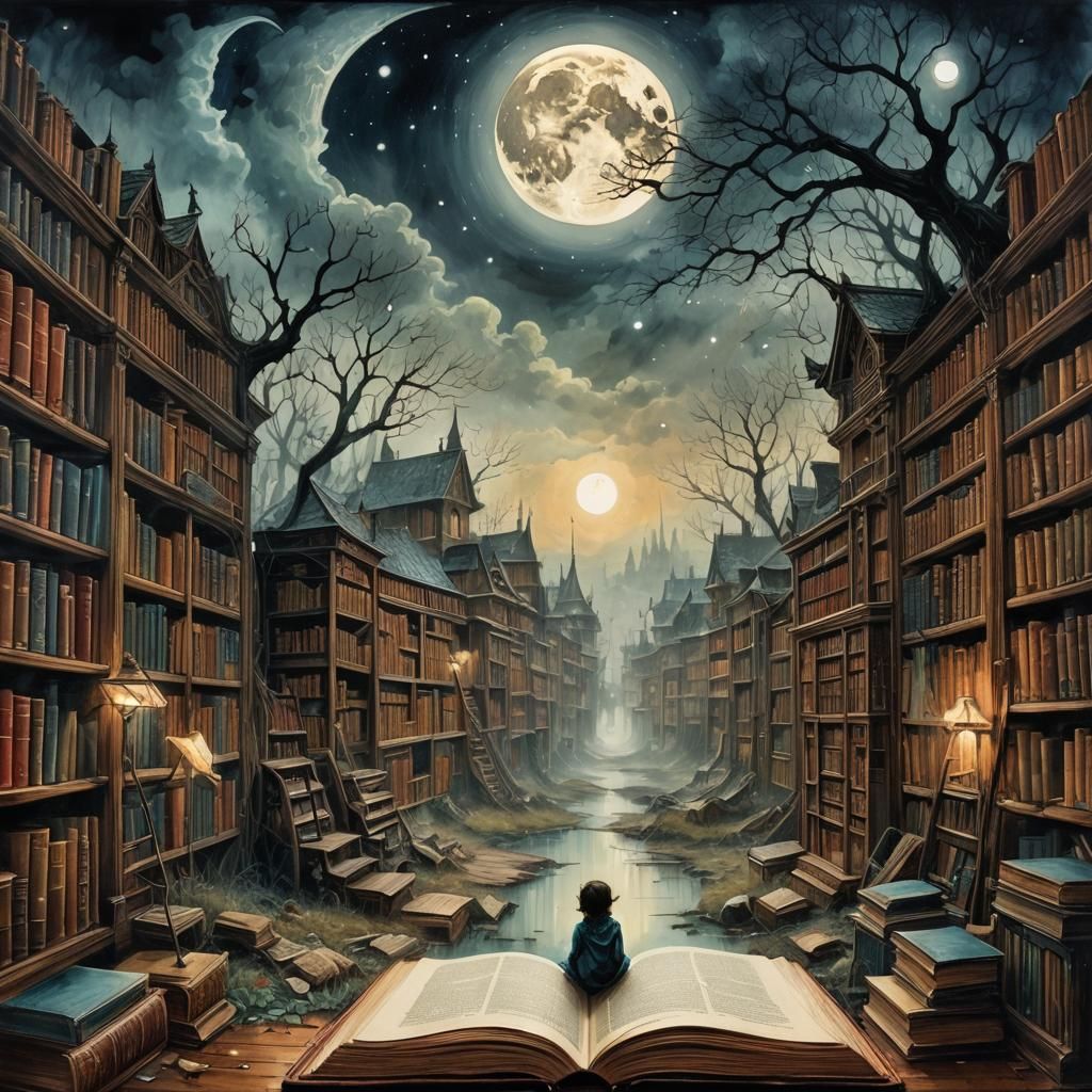Mystical Library with Moon and Fog, in Watercolor Style