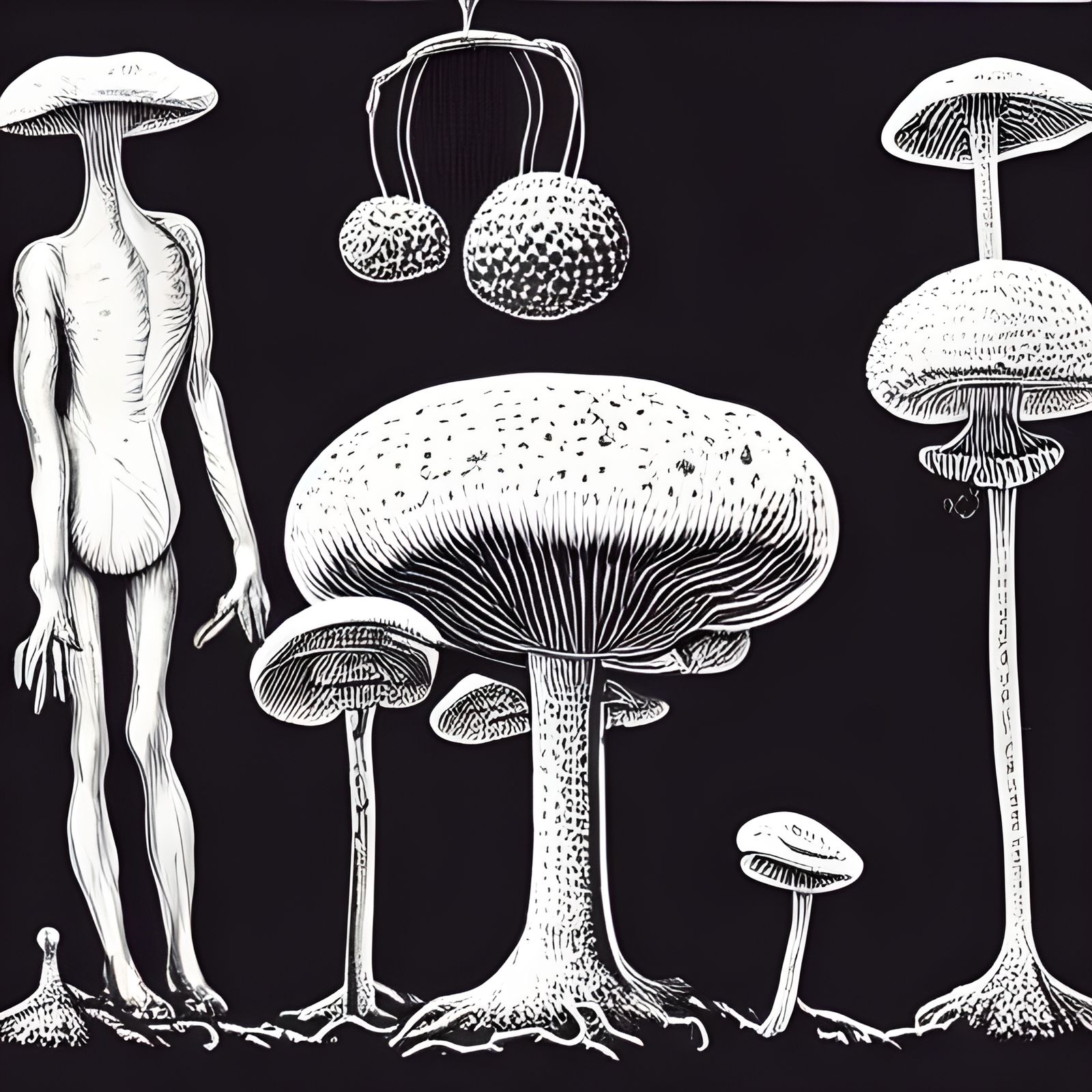 Giant Fly Agaric Mushrooms in Linocut Style