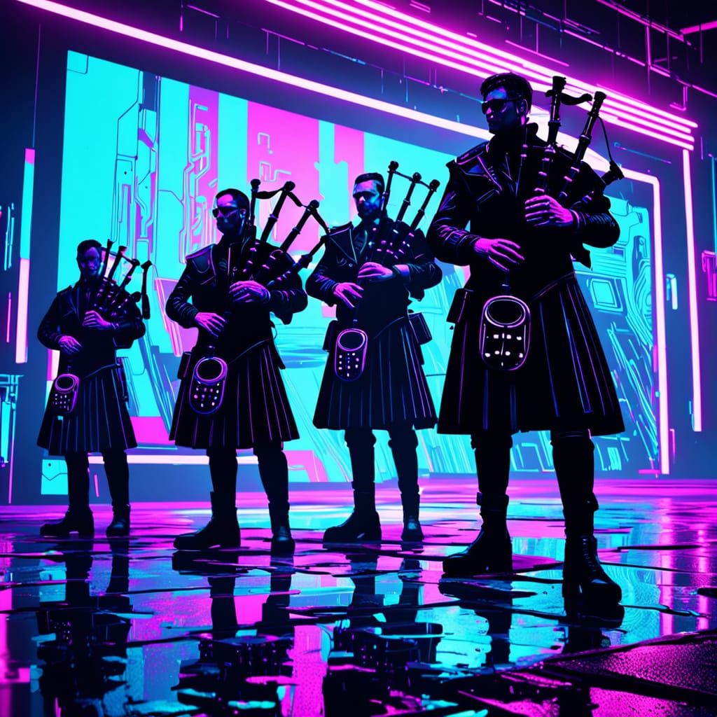 Scottish Bagpipers Perform in Cyberpunk Neon City
