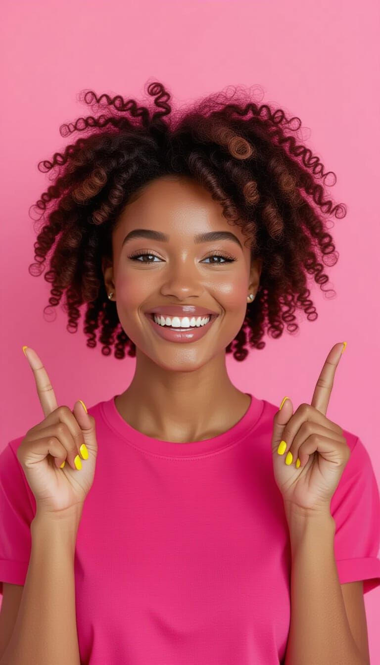 Woman with Curly Hair Smiles in Pink T-Shirt