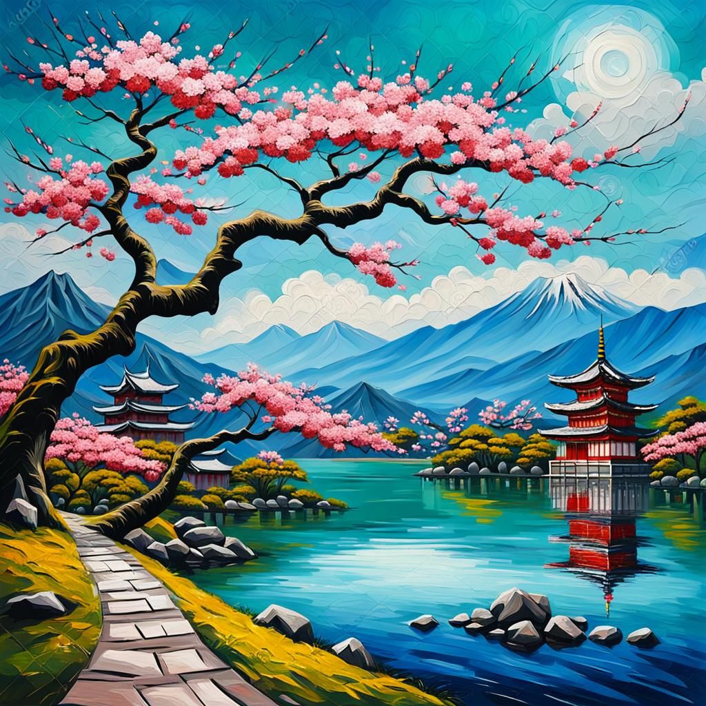 A beautiful ancient sakura tree in front of a lake. Mountains and Japanese temples in the background.