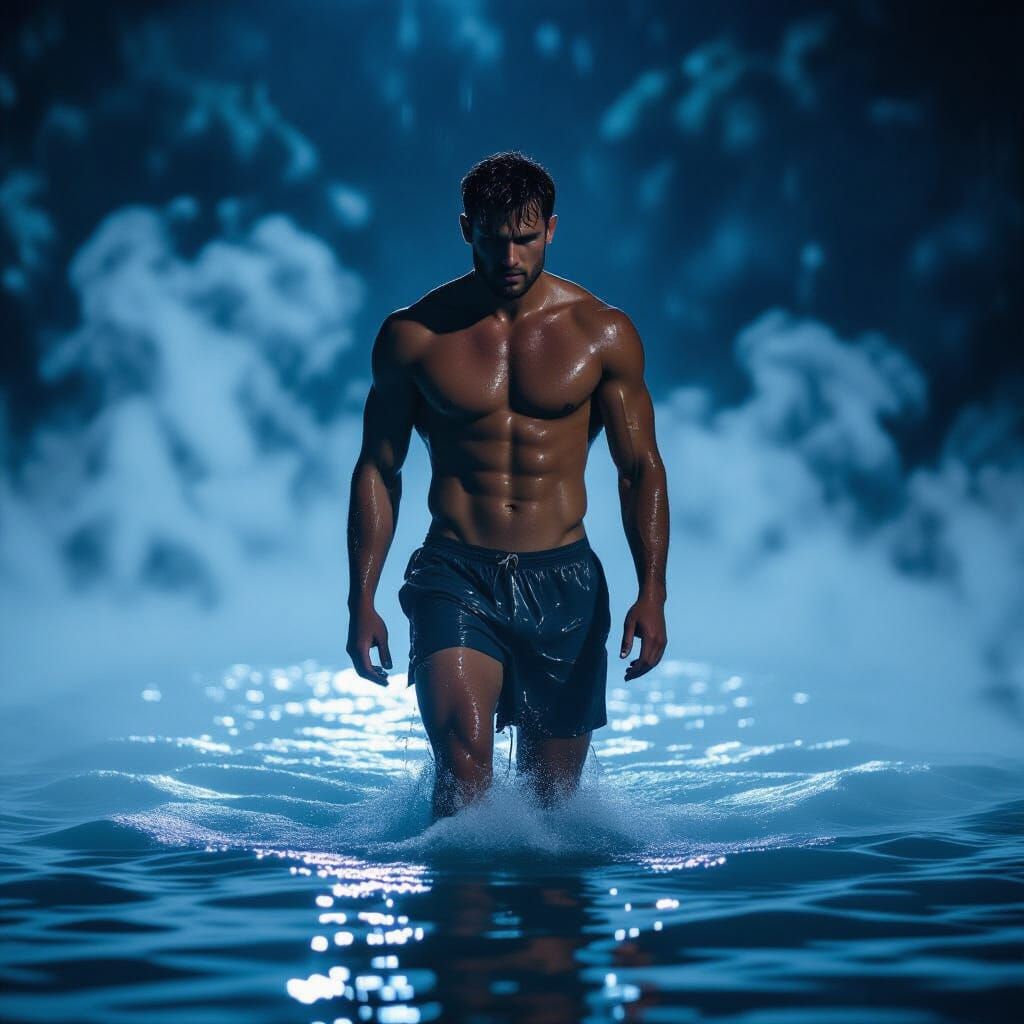 Mysterious Man Emerges from Misty River at Night