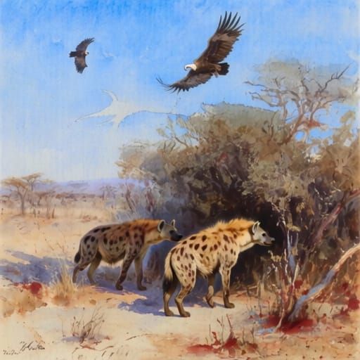 Hyenas and Vultures in Dry Winter Bushveld Watercolor