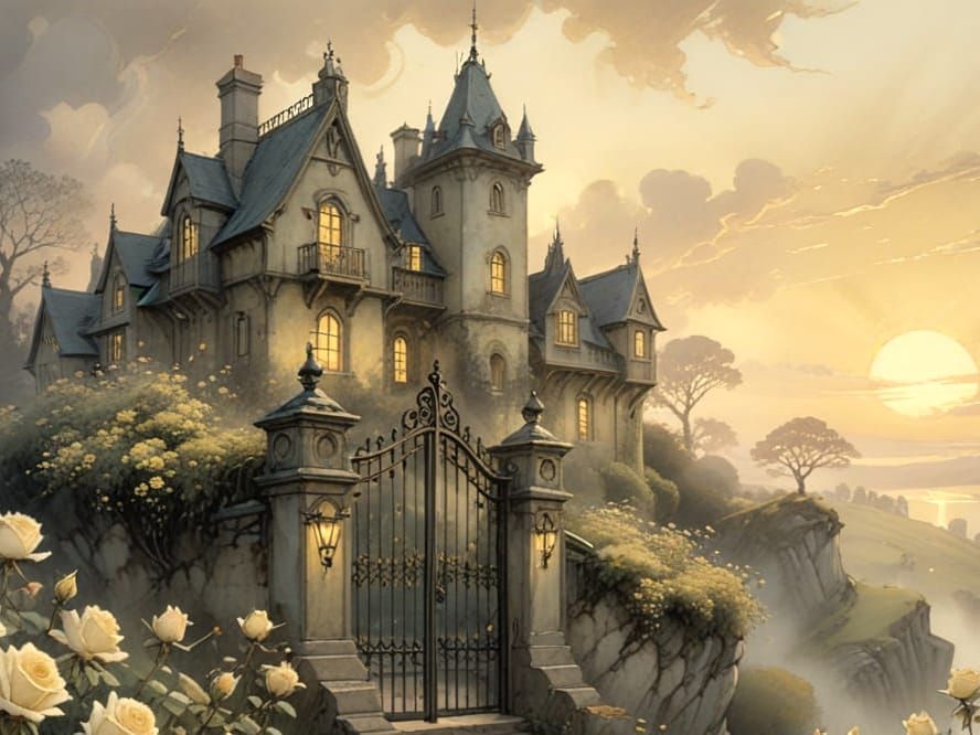 Ethereal Manor on a Hill, Watercolor Fantasy