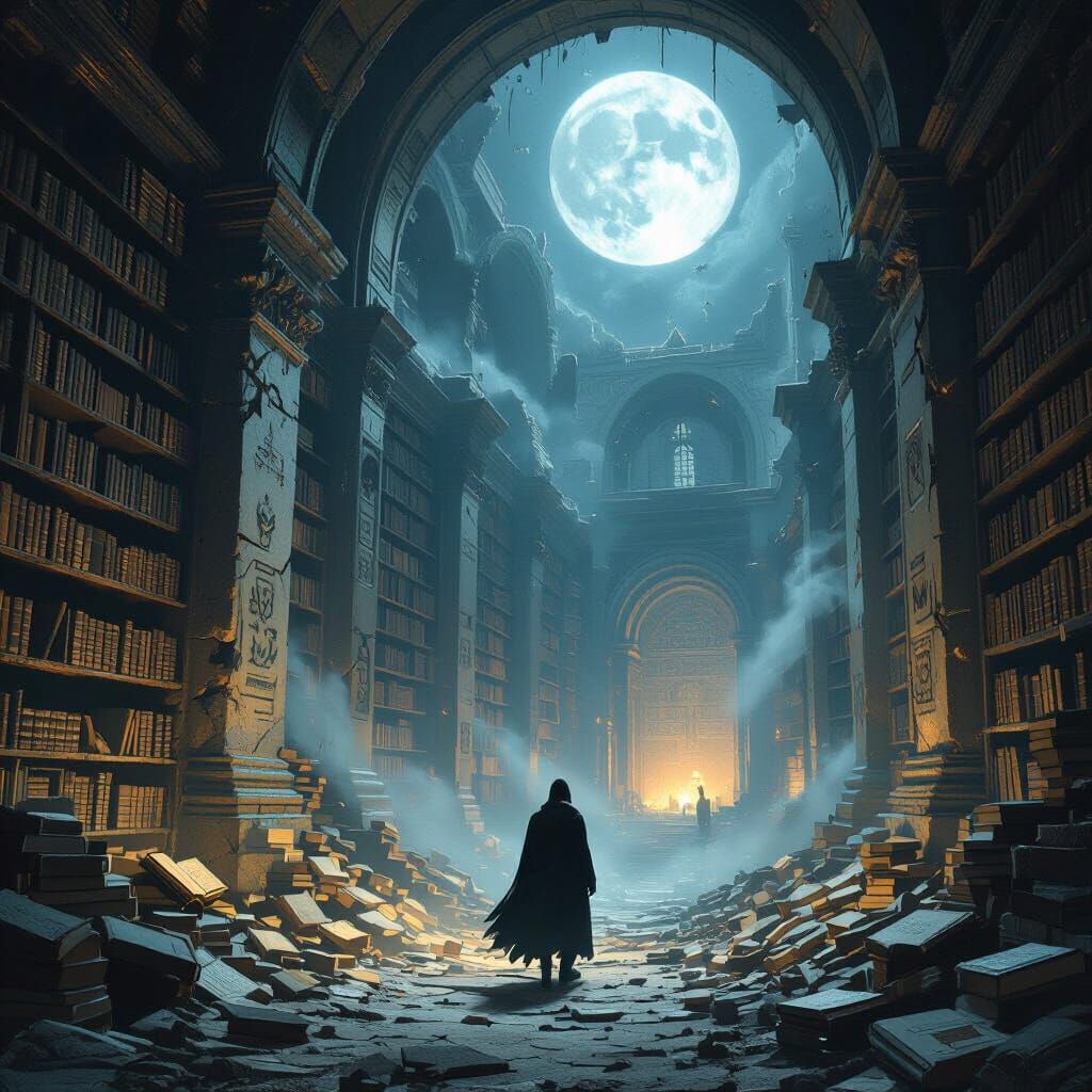 Figure in Ancient Library Under Ethereal Moonlight