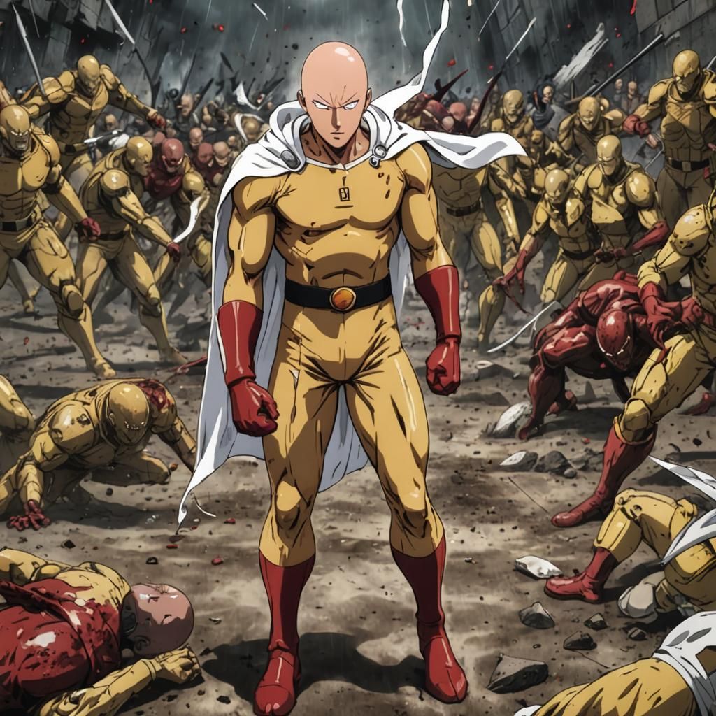 Una escena impresionante de saitama usando todo su poder para salvar a la humanidad en su puño, con su uniforme desgasta...