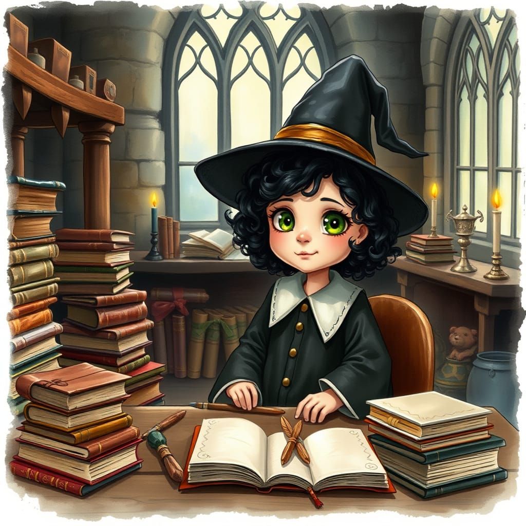 Whimsical Young Witch in Cozy Magic School Study