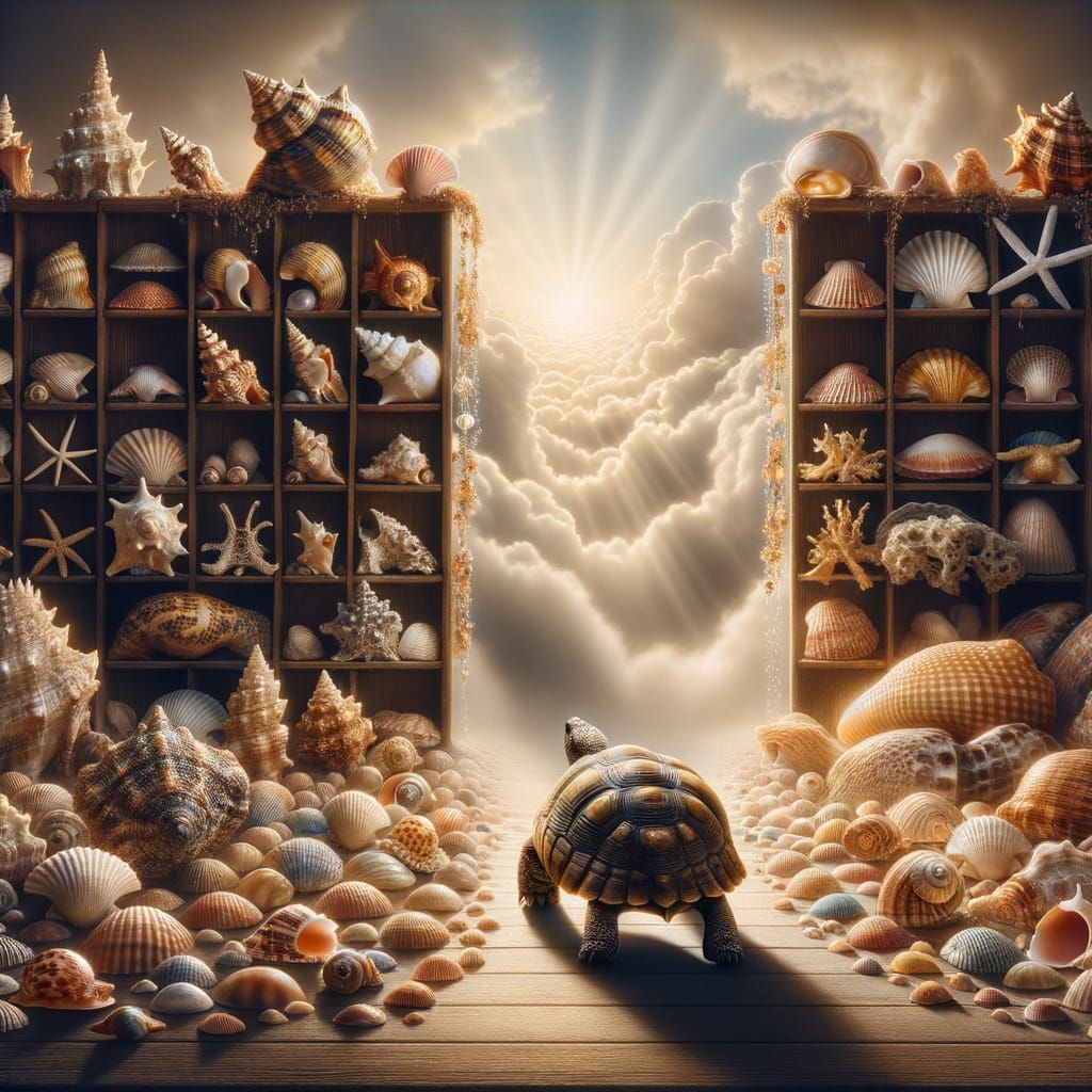 Tortoise Amidst Treasure Trove of Pearlescent Seashells
