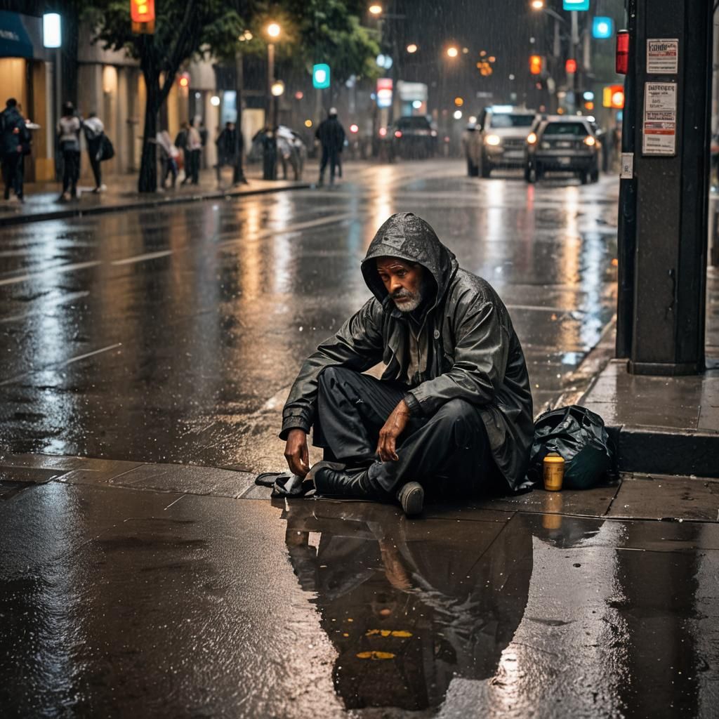 Homeless Person in Rain on City Street