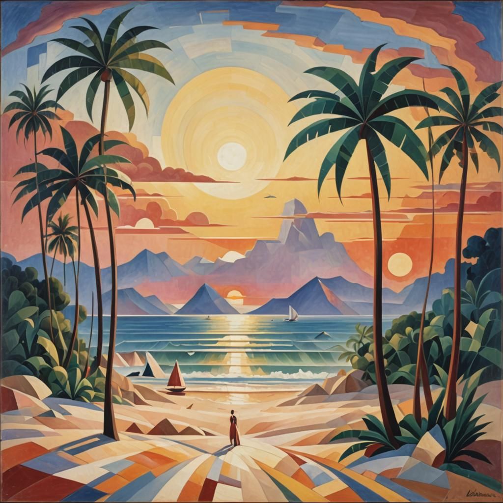 Tropical Island Sunrise in Abstract Cubist Style
