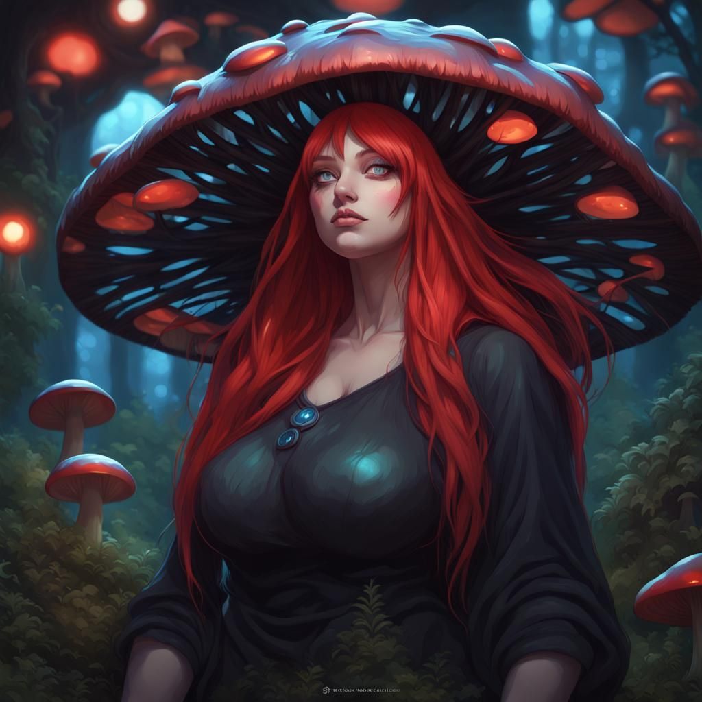 Mushroom Woman in Magic Forest, Anime Portrait