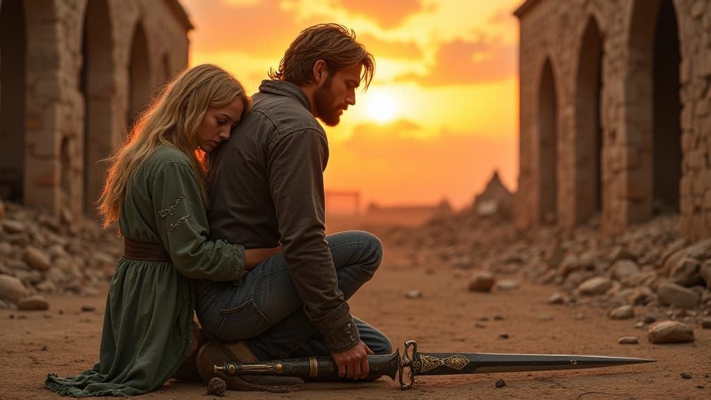 Epic Sunset Scene in Ruined Church Courtyard with Warrior an...
