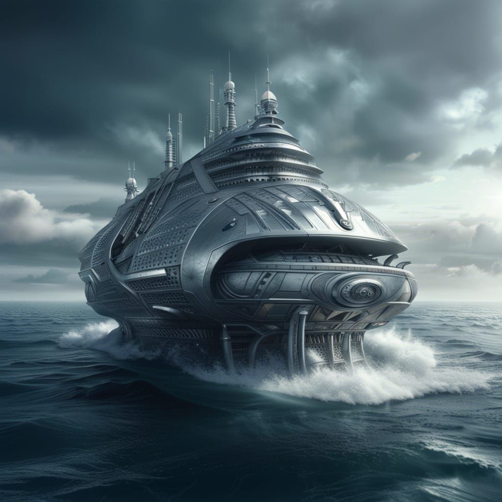 Futuristic Silver Ship on a Dramatic Ocean