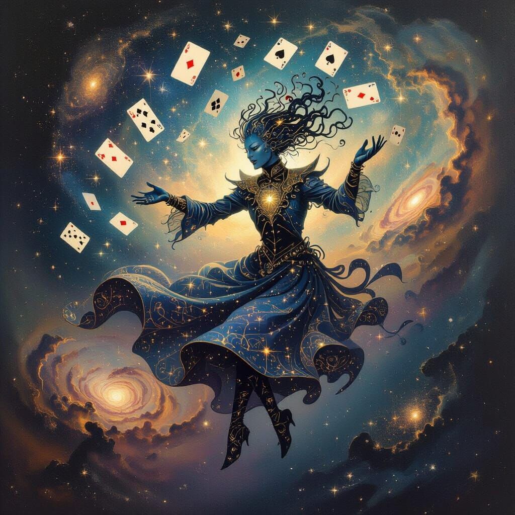 Cosmic Entity Juggles Starlight Cards in Surreal Space