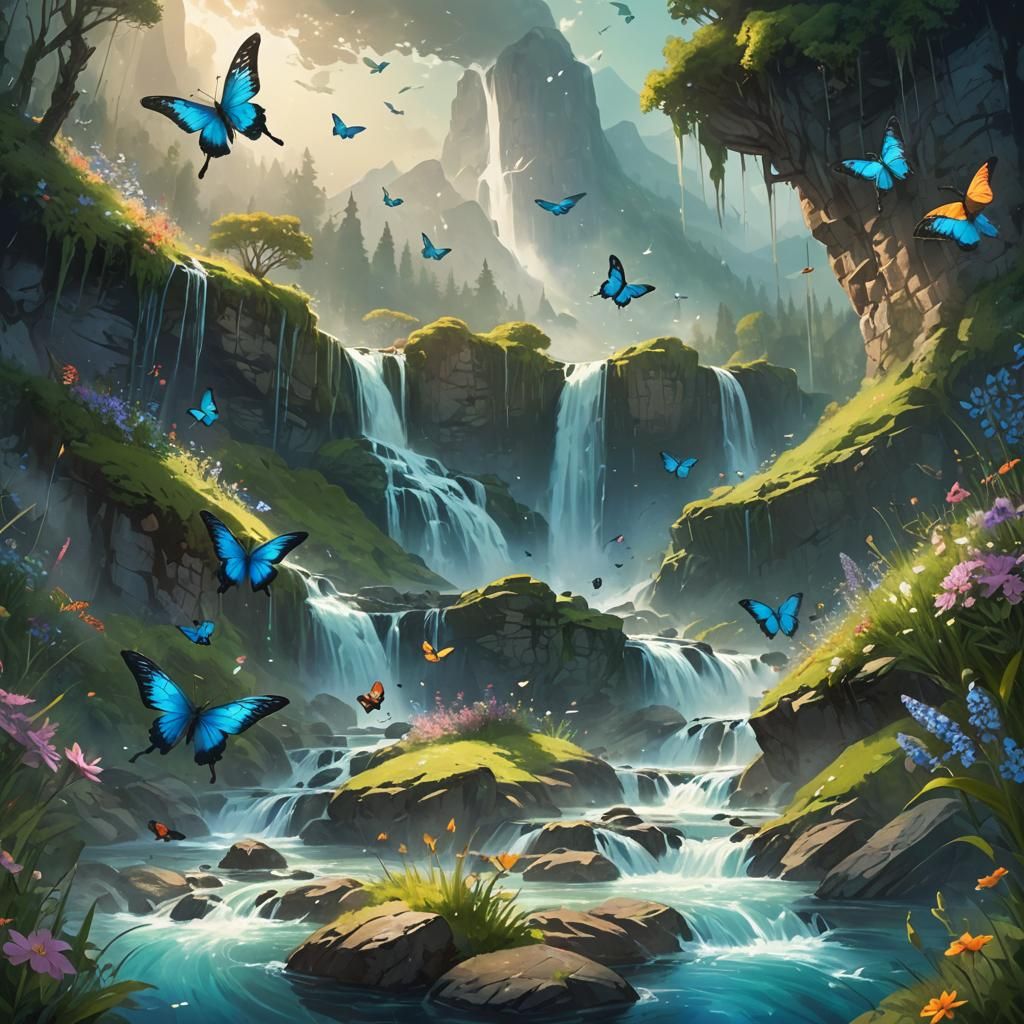 Ethereal Waterfall Scene with Birds and Butterflies