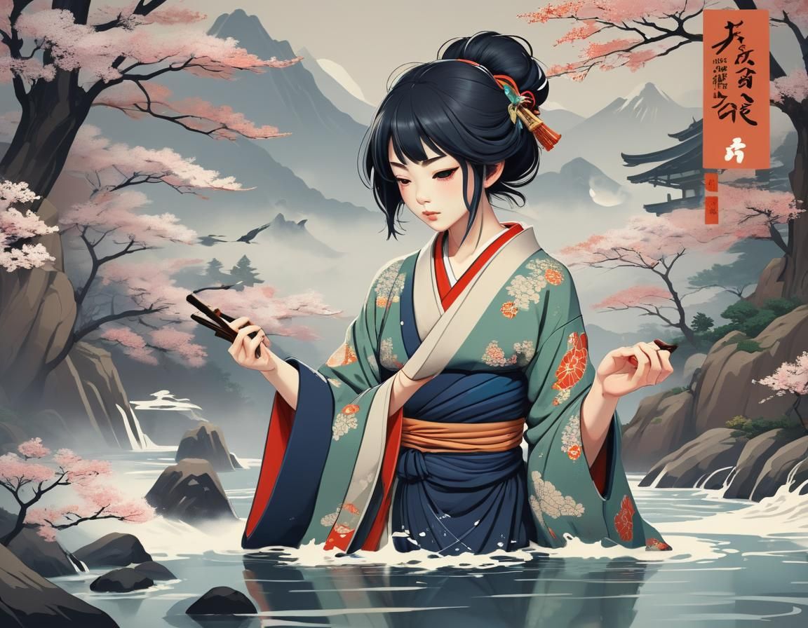 Geisha in Ukiyo-e Japanese Woodblock Style