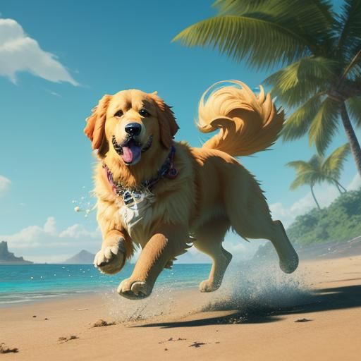 Golden Retriever Beach Fetch: Detailed Fantasy Art