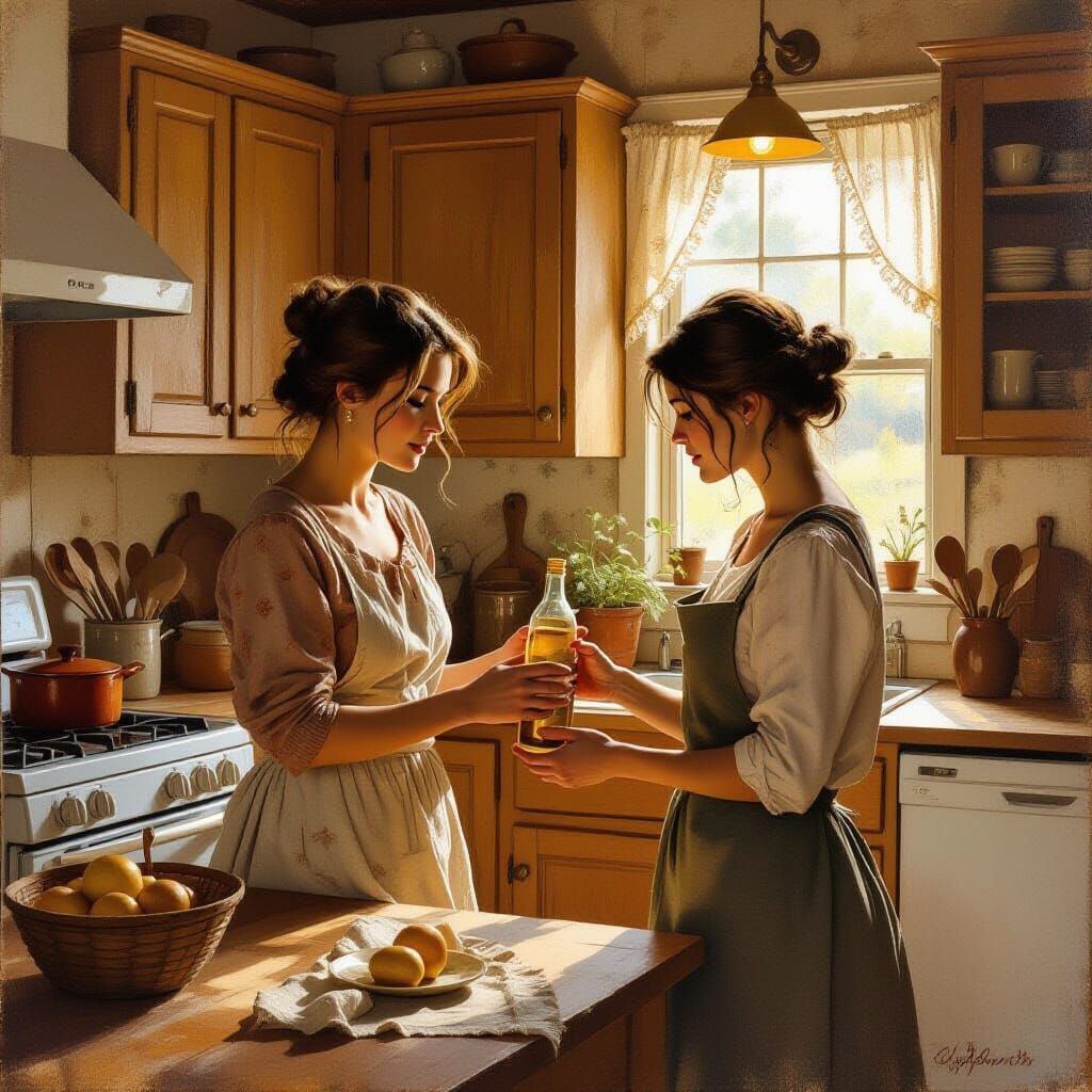 Distressed Woman Offers Bottle in Earthy Kitchen