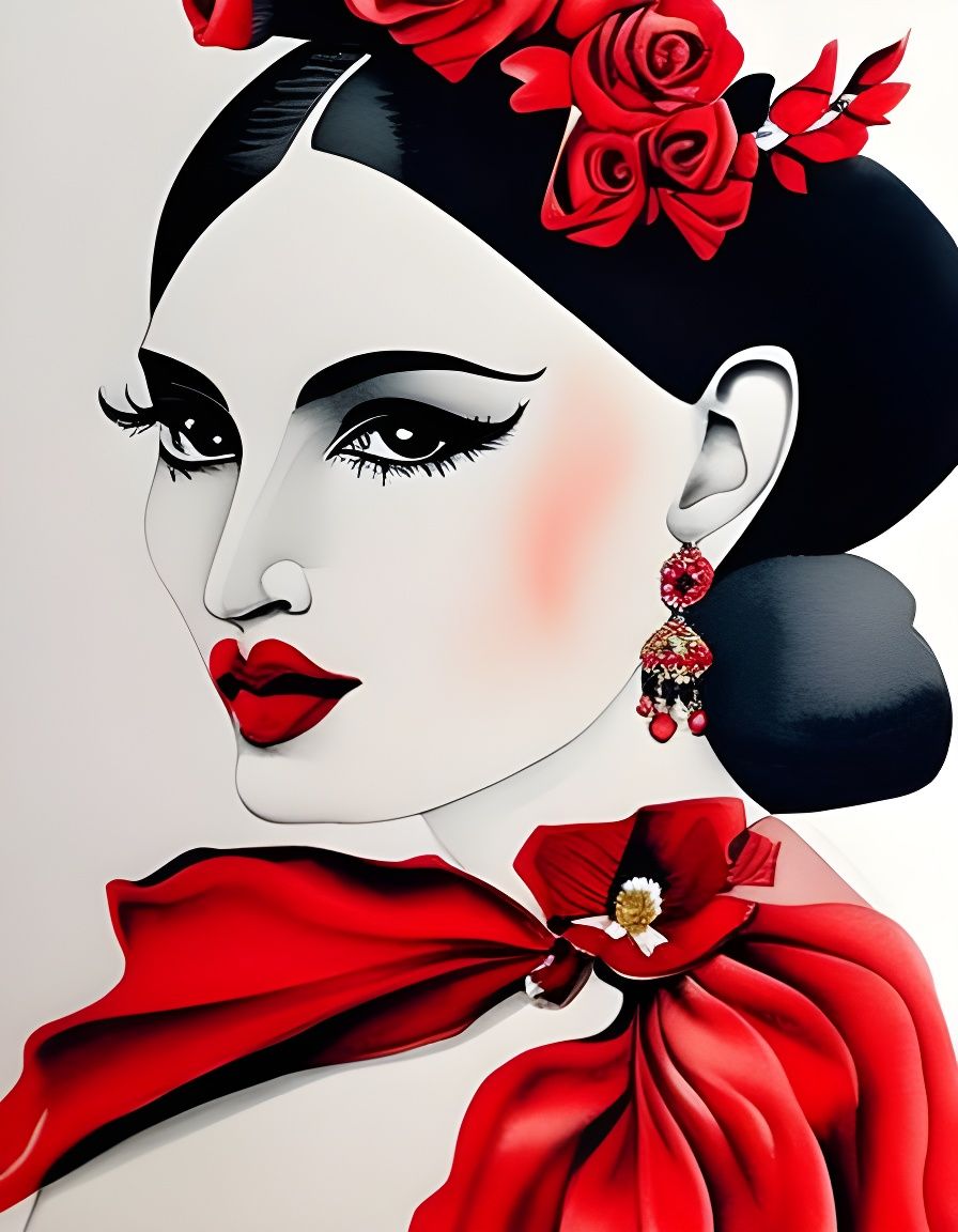 Flamenco Dancer Portrait in Red and Black Watercolor