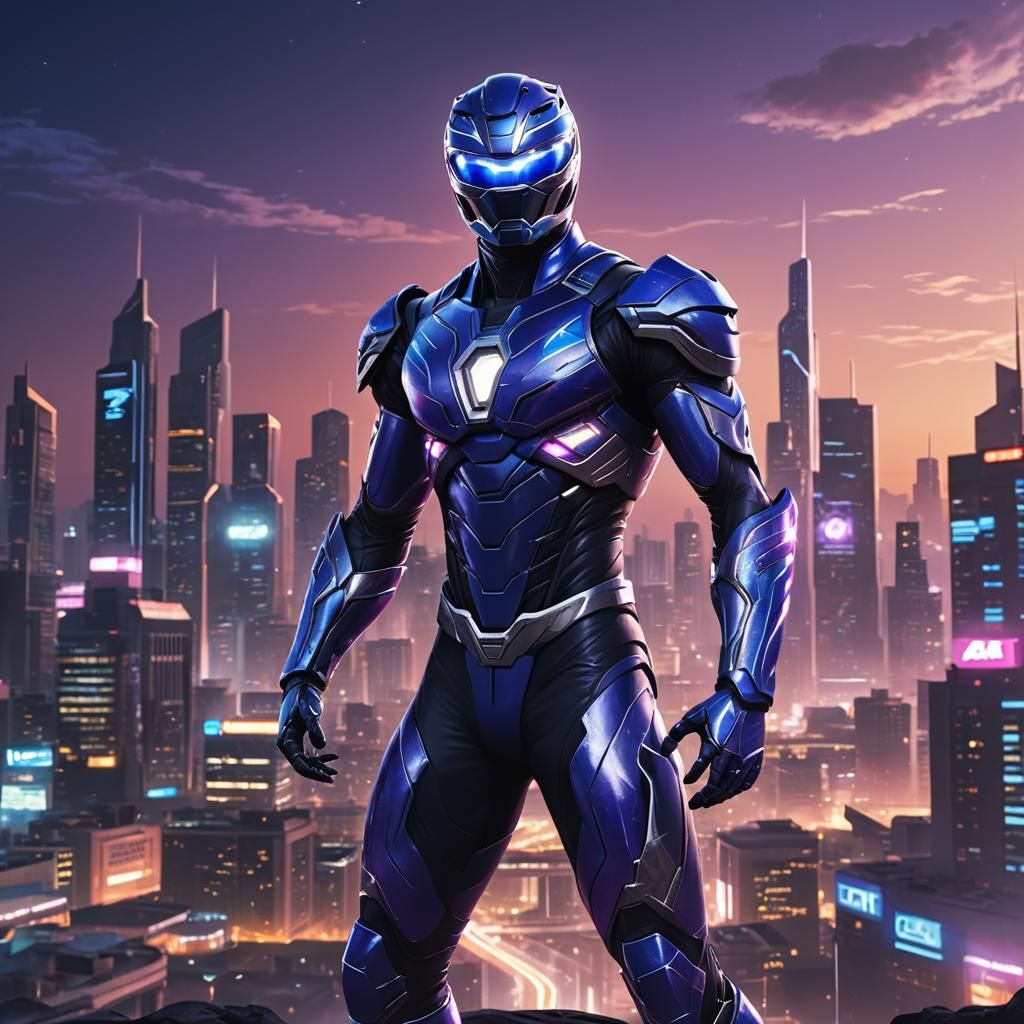 Electric Blue Power Ranger in Neon Cityscape