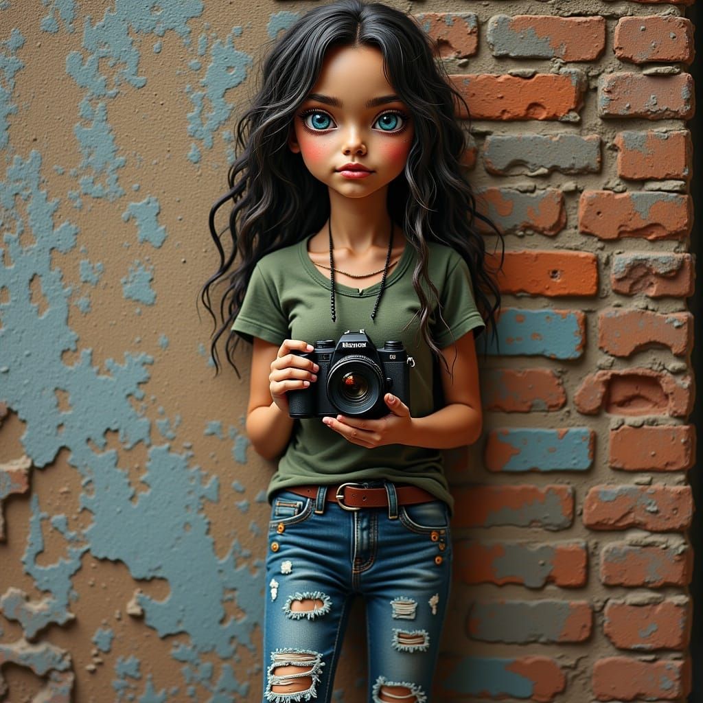 Girl with DSLR Camera in Surreal Folk-Art Style
