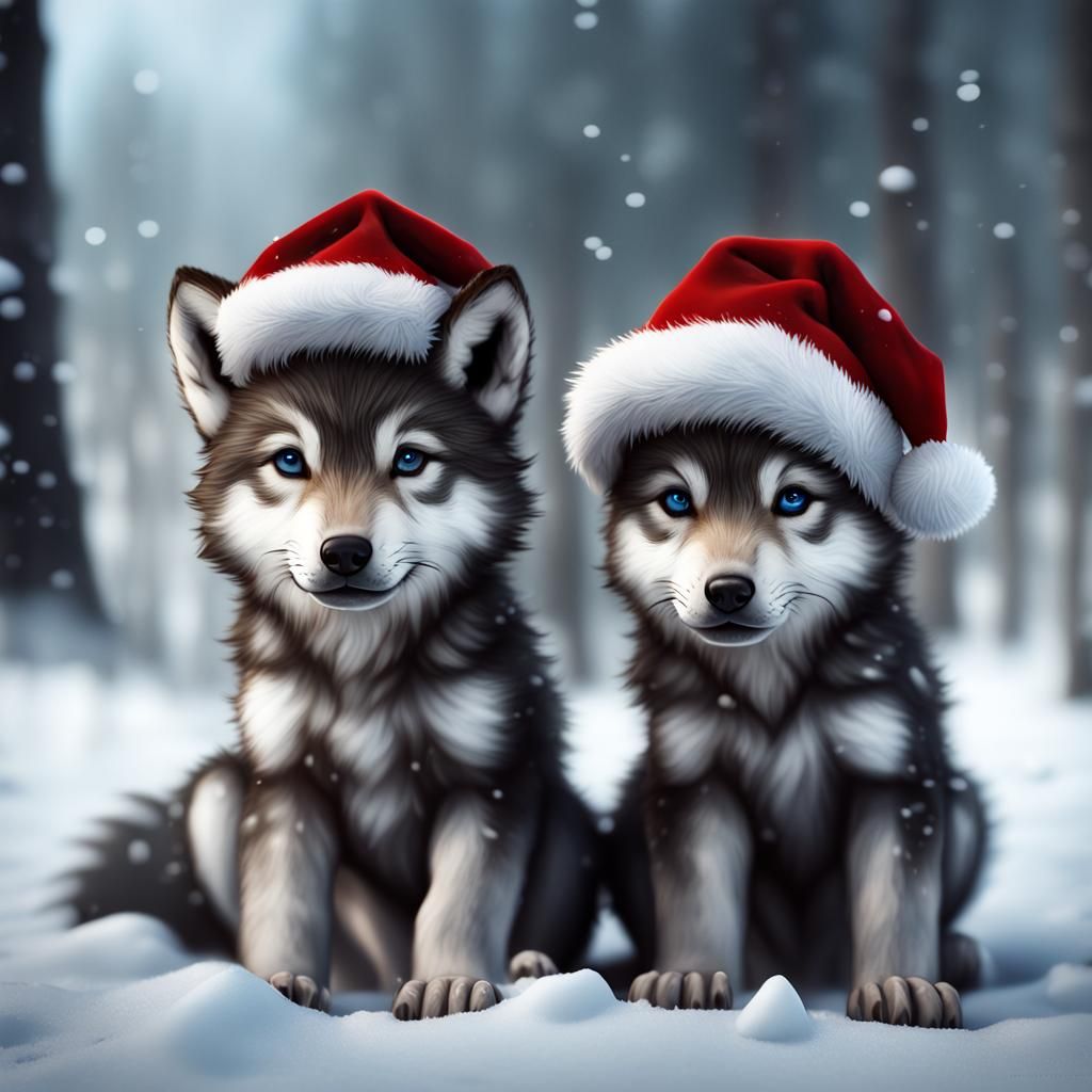 Wolf Pups in Santa Hats: Detailed Matte Painting