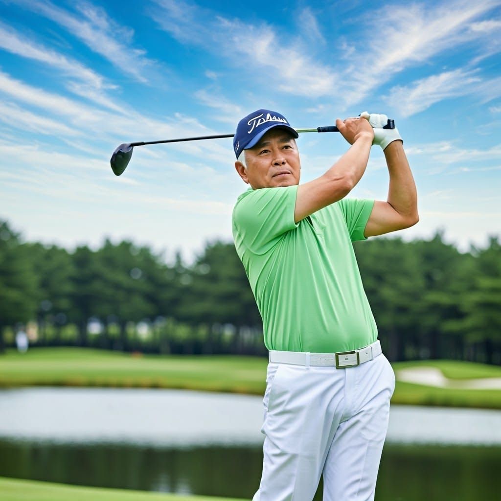 Korean Golfer in Lakeside Scene, Photorealistic Style