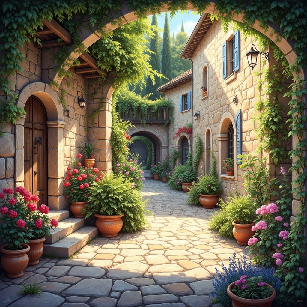 Sunlit Mediterranean Courtyard with Ivy and Geraniums