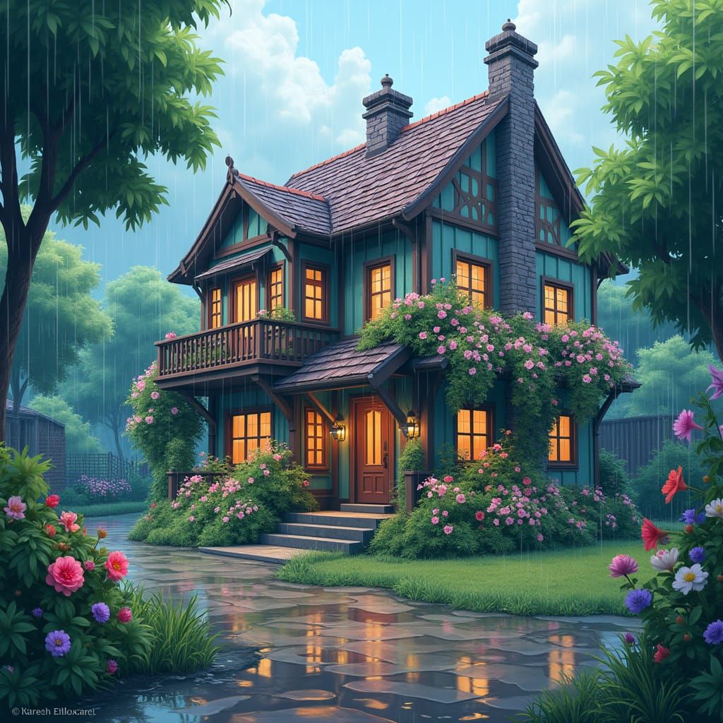 Whimsical House Amidst Blooming Gardens in Aesthetic Anime L...