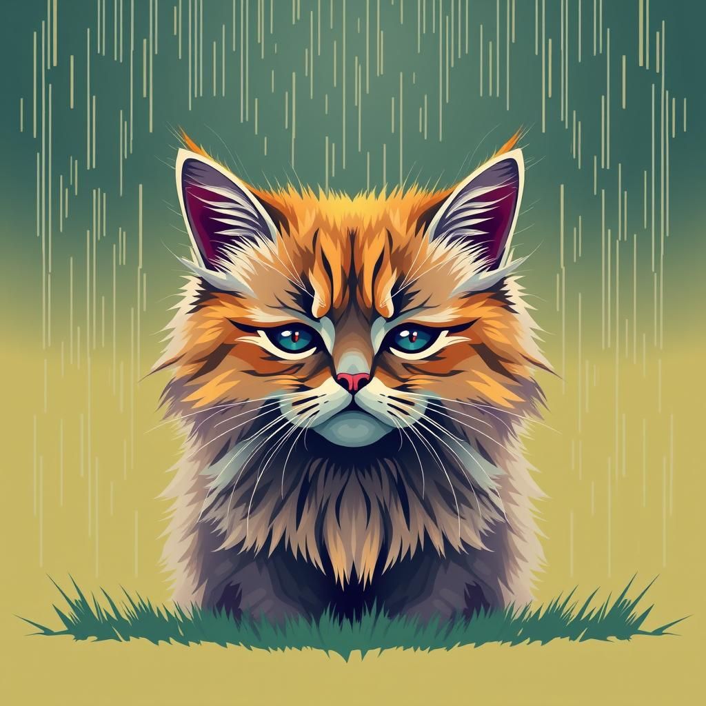 Sad Fluffy Cat in Rainy Pop Art Style