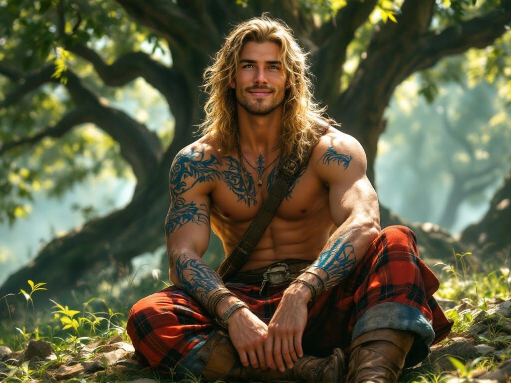 Celtic Warrior at Peace in a Rustic Village