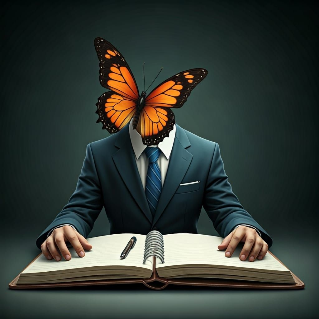 Puzzled Butterfly Accountant Portrait in Vibrant Colors