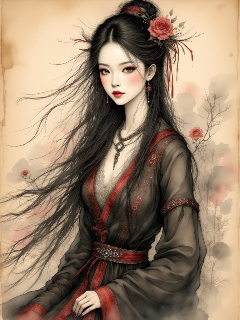 Ethereal Chinese Beauty in Traditional Ink Drawing Style