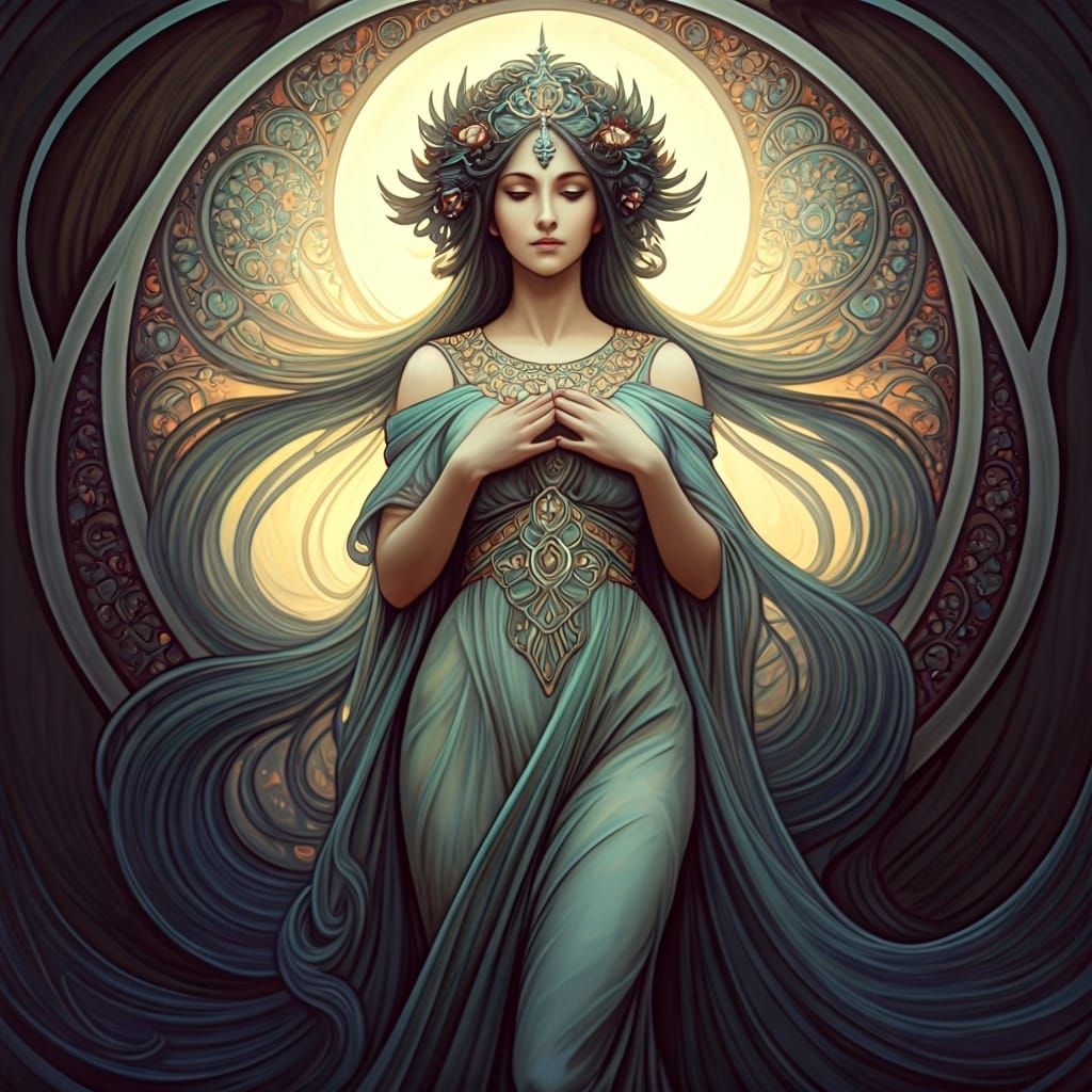 Celestial Goddess in Flowing Robes, Art Nouveau Style
