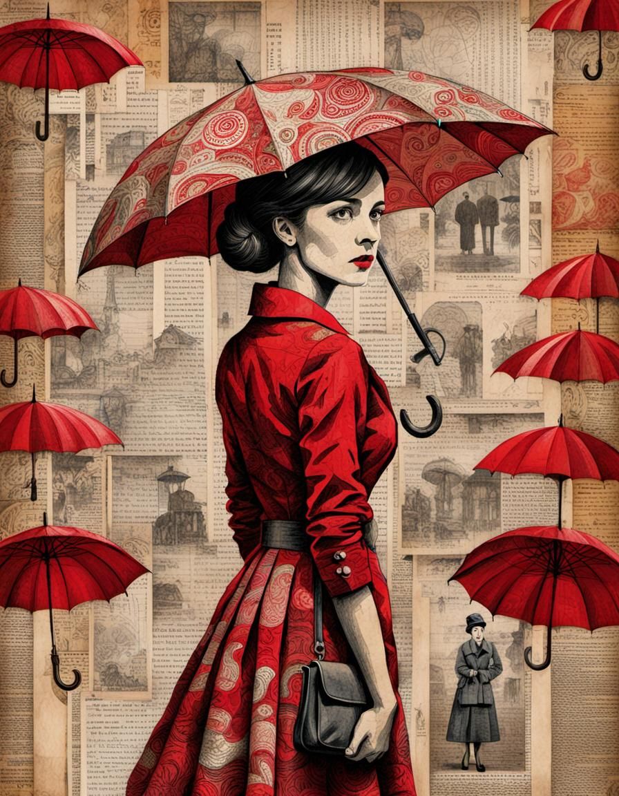 Woman in Red Umbrella: Multimedia Collage Portrait